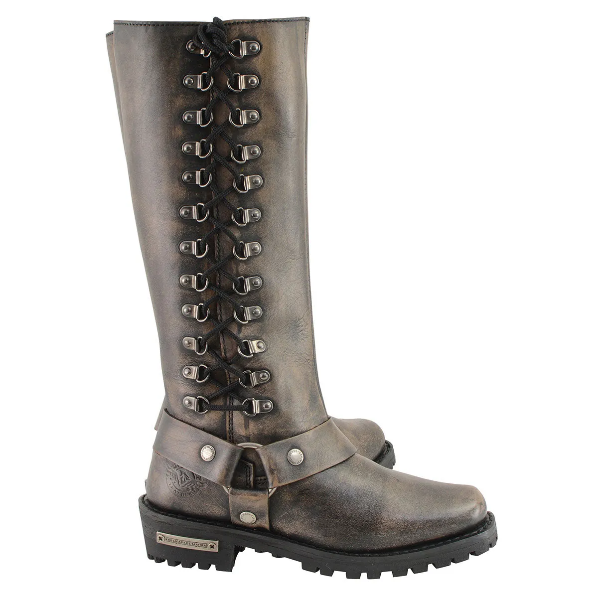 MBL9368 Women's Distressed Brown 14-inch Classic Harness Square Toe Leather Boots