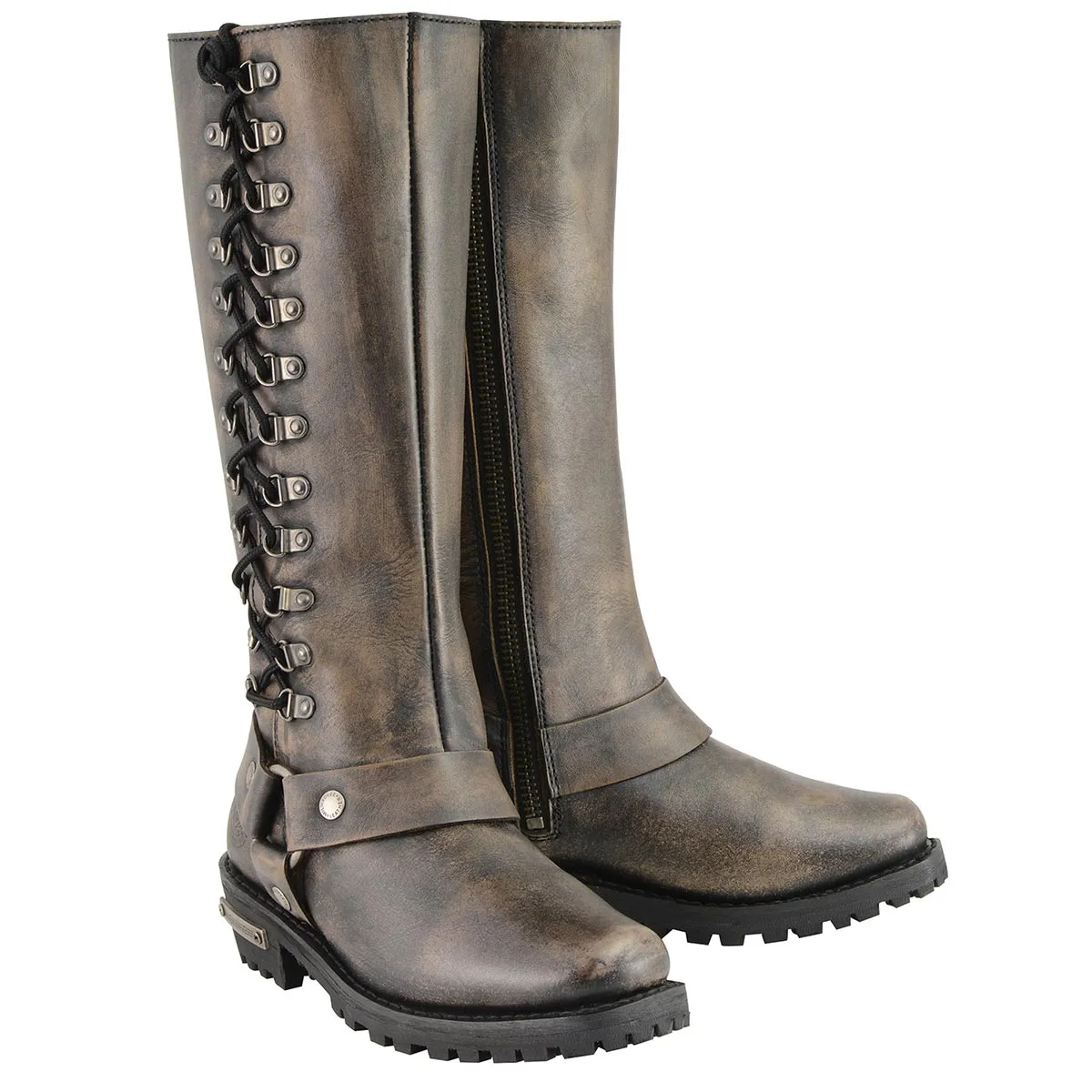 MBL9368 Women's Distressed Brown 14-inch Classic Harness Square Toe Leather Boots