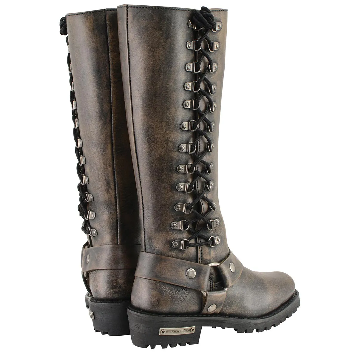 MBL9368 Women's Distressed Brown 14-inch Classic Harness Square Toe Leather Boots
