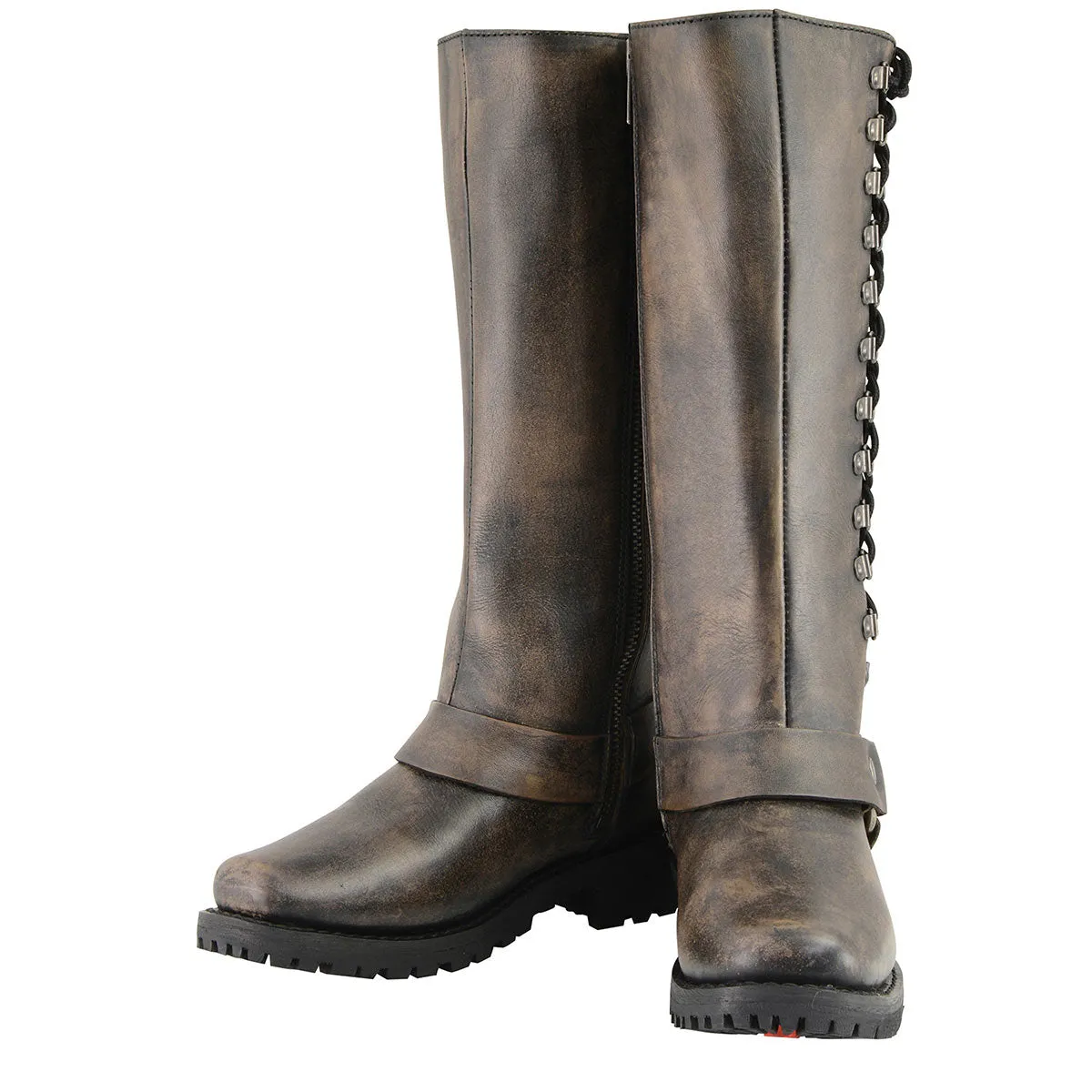 MBL9368 Women's Distressed Brown 14-inch Classic Harness Square Toe Leather Boots