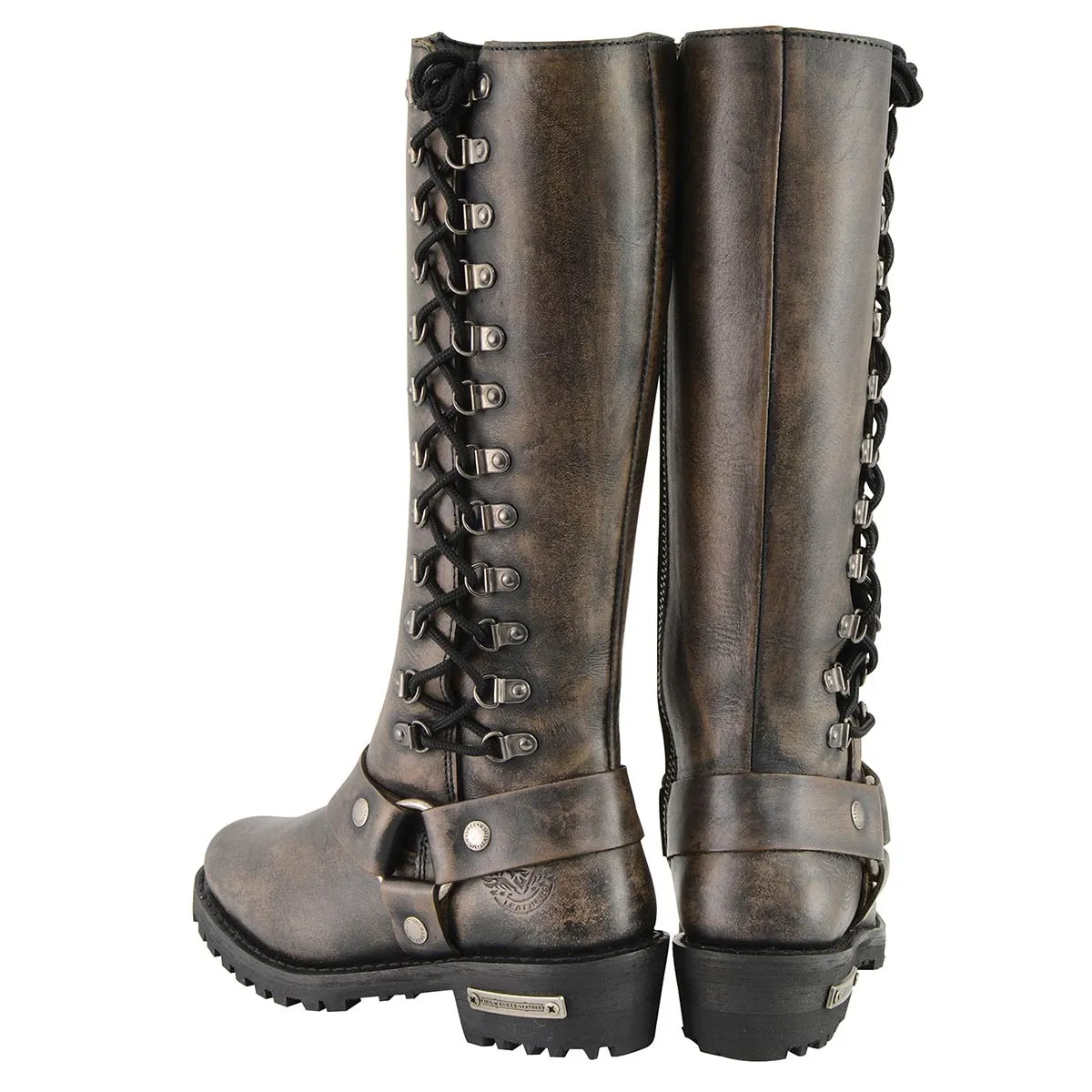 MBL9368 Women's Distressed Brown 14-inch Classic Harness Square Toe Leather Boots