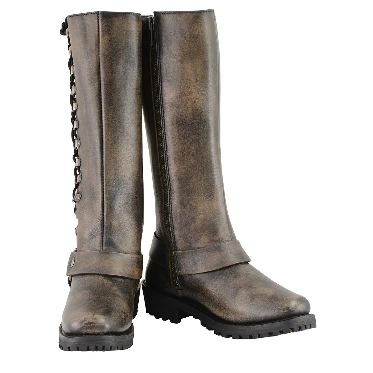 MBL9368 Women's Distressed Brown 14-inch Classic Harness Square Toe Leather Boots
