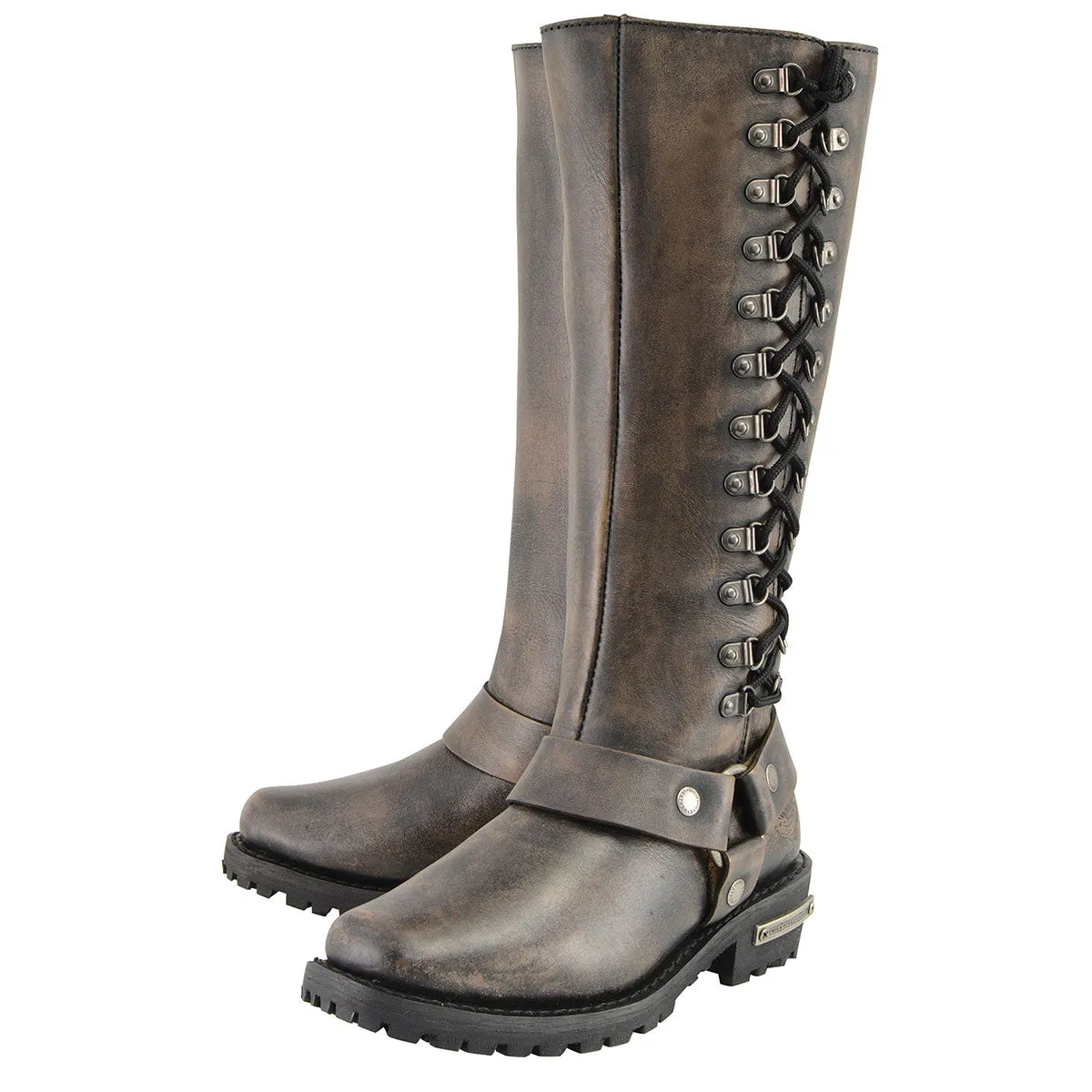 MBL9368 Women's Distressed Brown 14-inch Classic Harness Square Toe Leather Boots