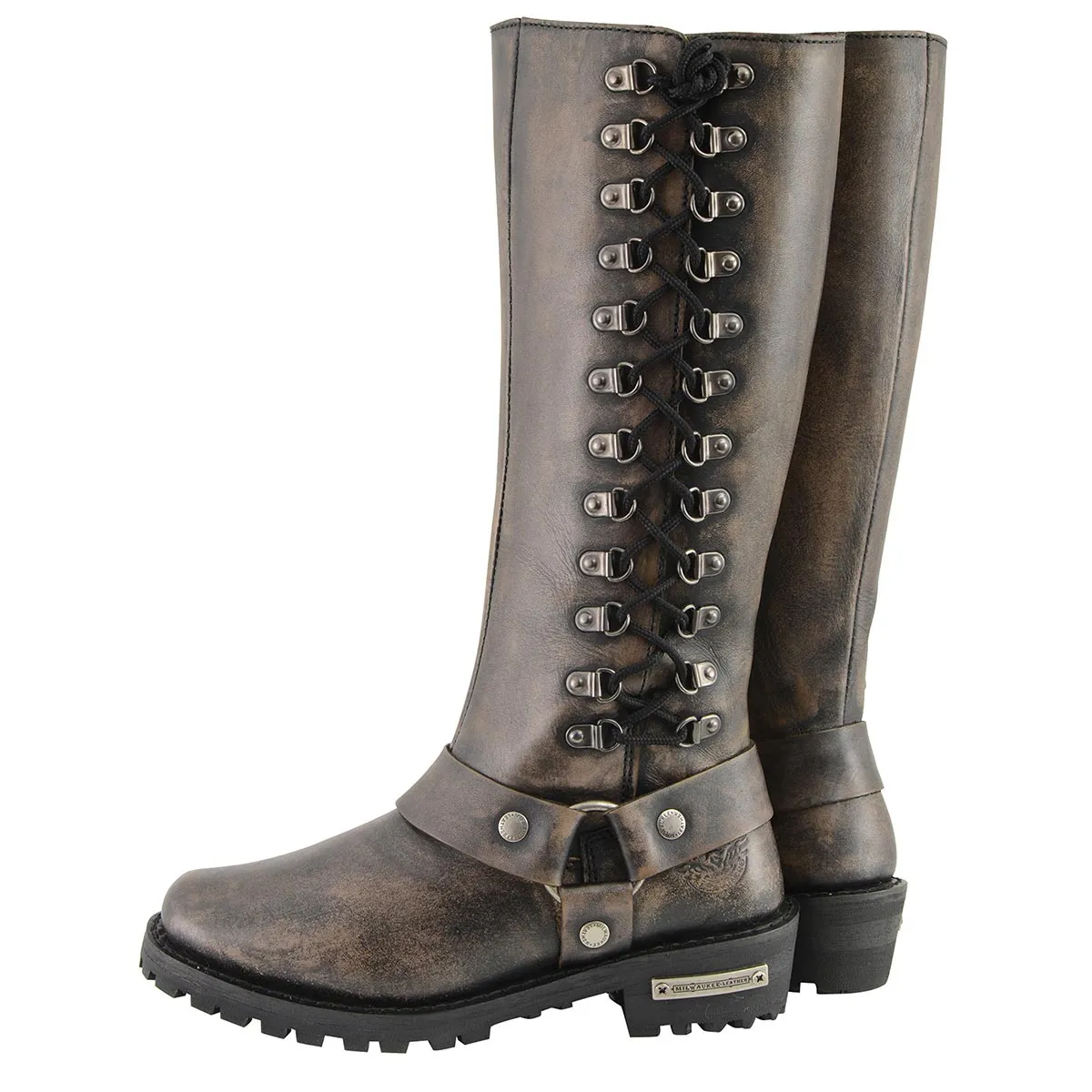 MBL9368 Women's Distressed Brown 14-inch Classic Harness Square Toe Leather Boots