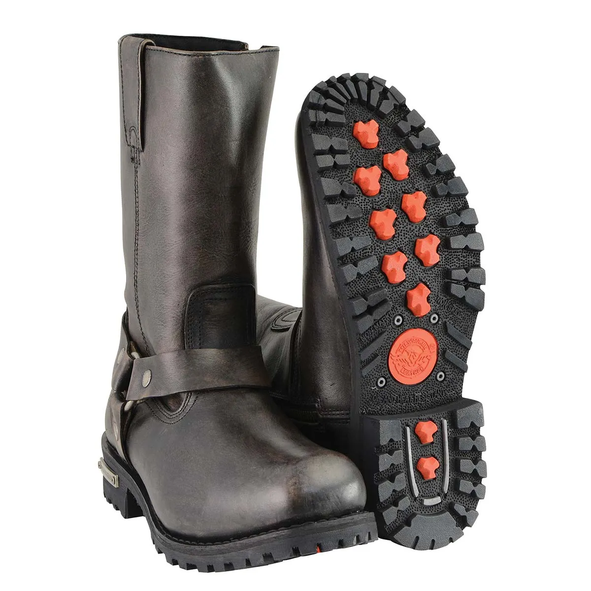 MBM9005 Men's Distressed Brown Water-Resistant 11-Inch Square Toe Harness Motorcycle Boots