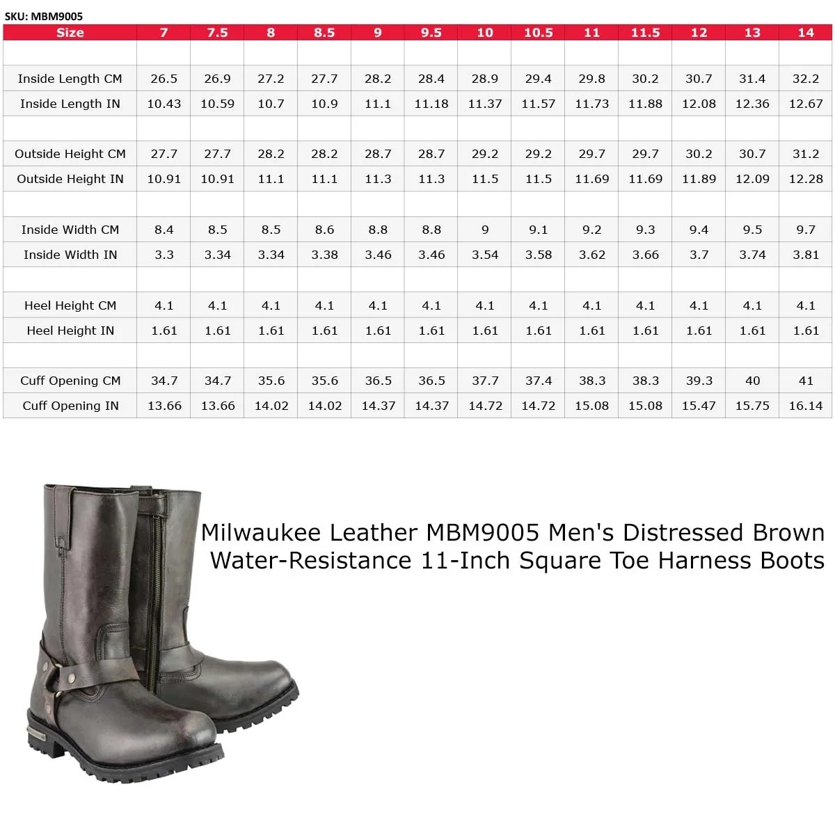 MBM9005 Men's Distressed Brown Water-Resistant 11-Inch Square Toe Harness Motorcycle Boots