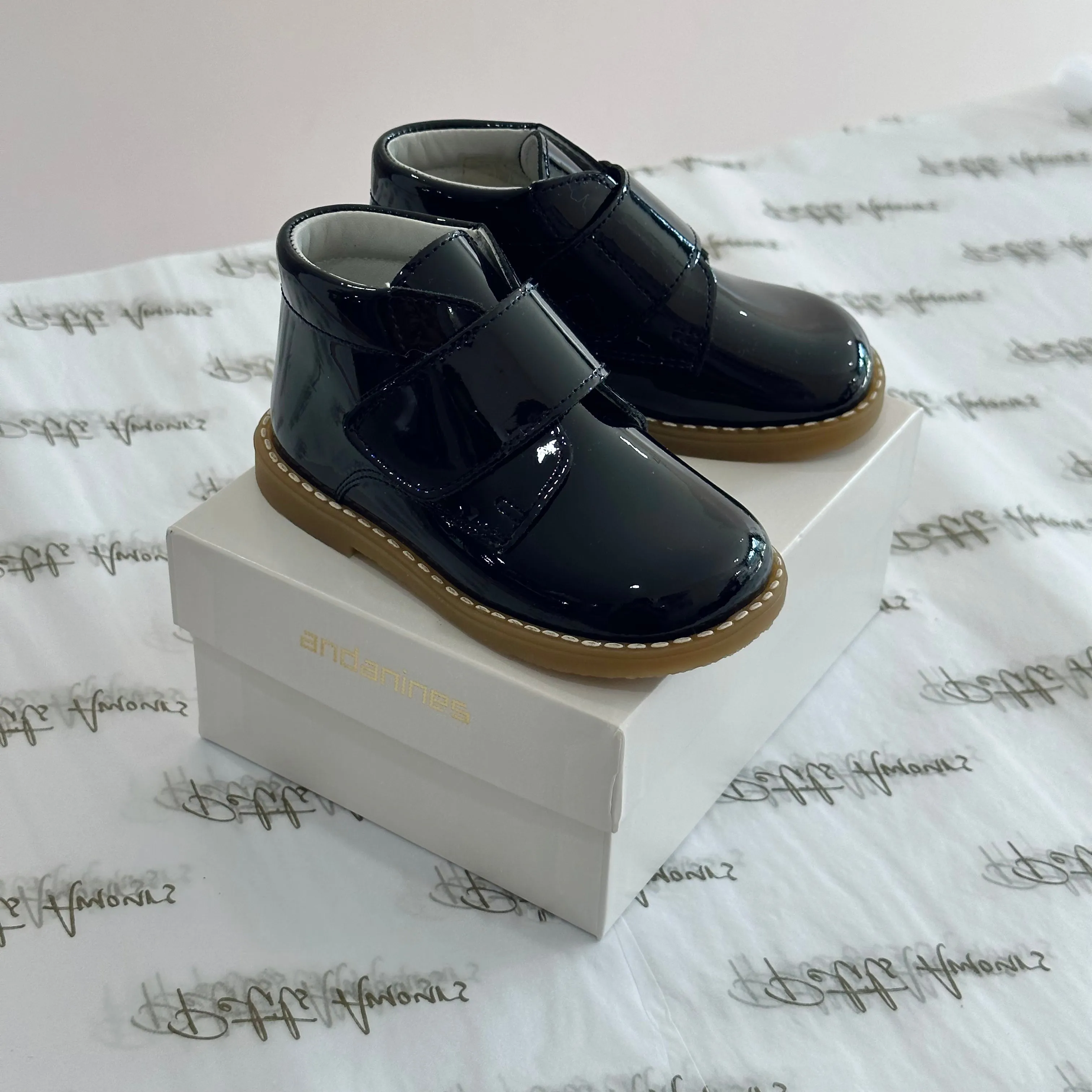 Navy Patent Velcro Boots