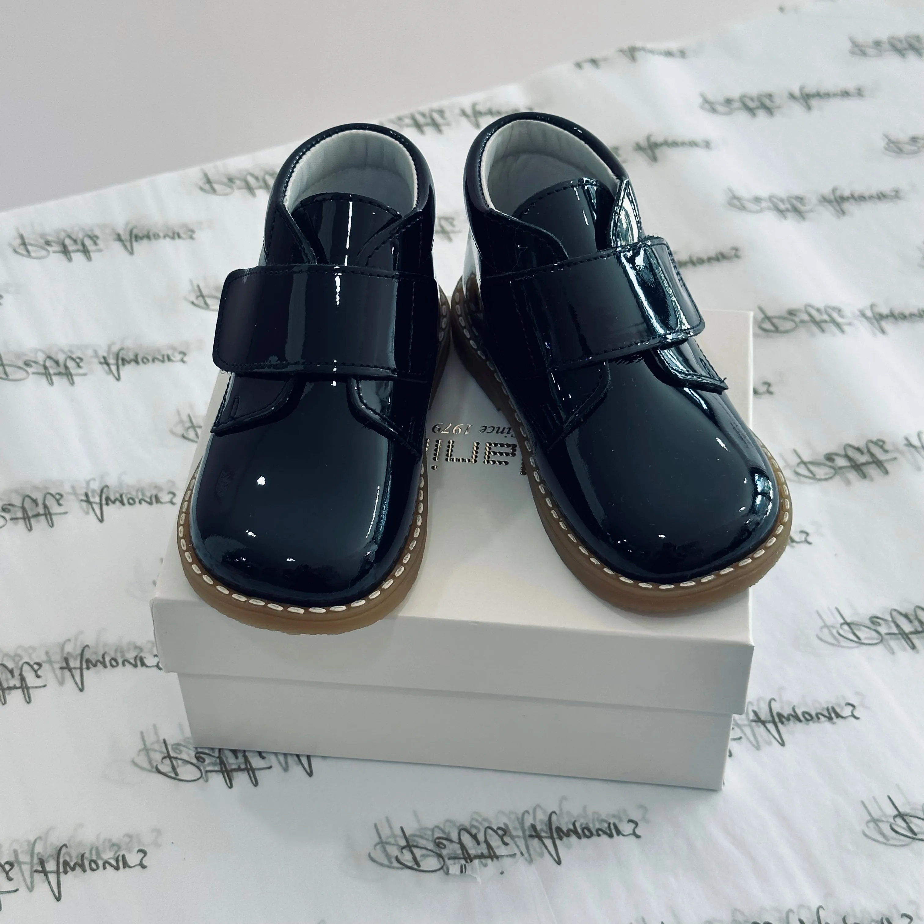 Navy Patent Velcro Boots