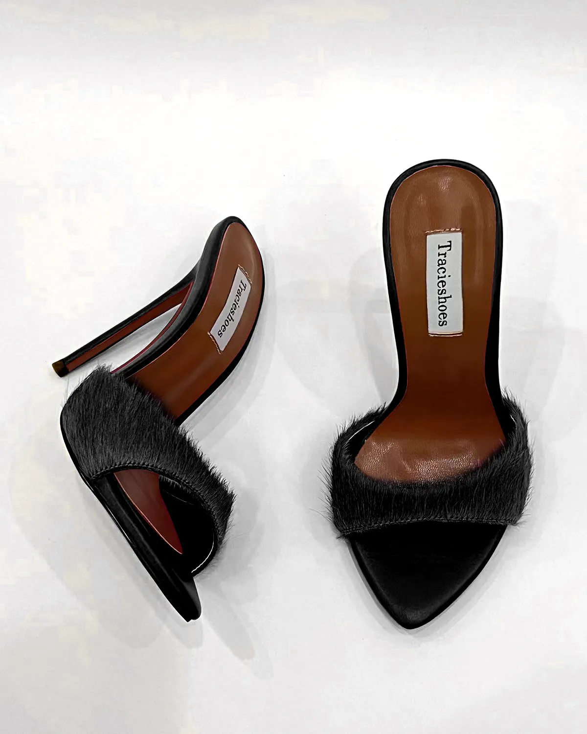 Pony hair pointed toe stiletto heeled sandals for women