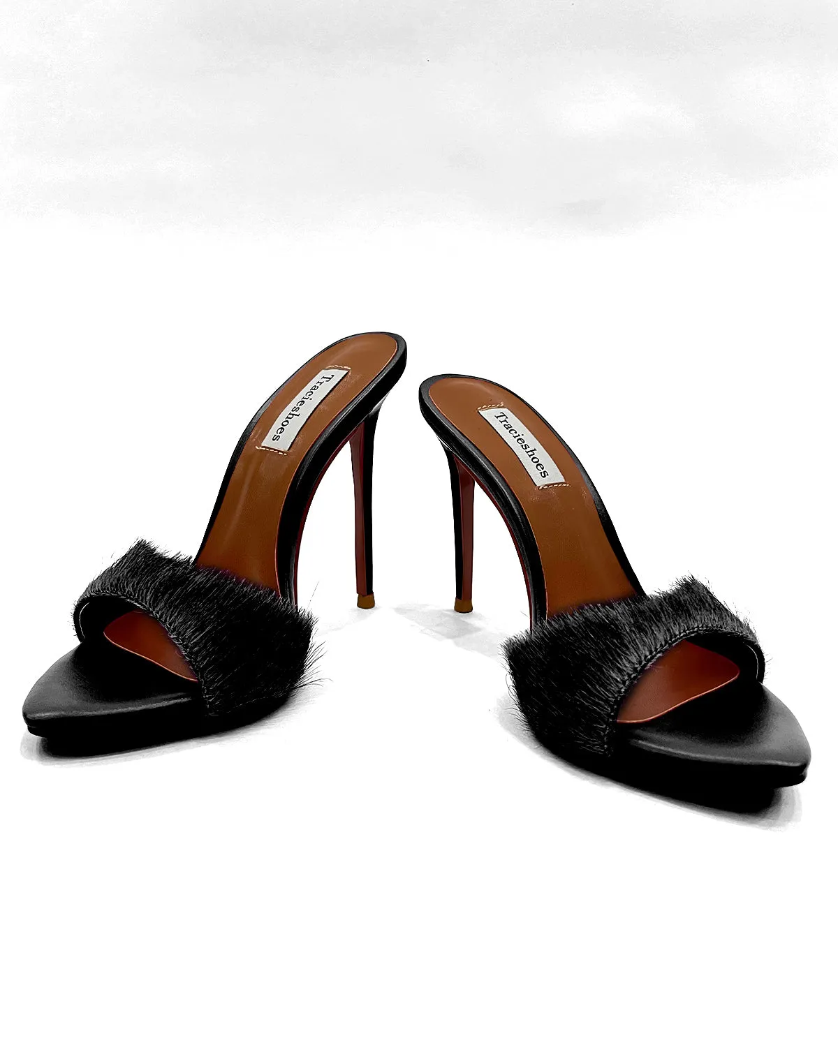 Pony hair pointed toe stiletto heeled sandals for women