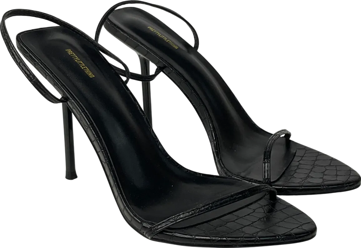 PrettyLittleThing Black Pu Croc Barely There High Heeled Sandals UK 6 EU 39 👠