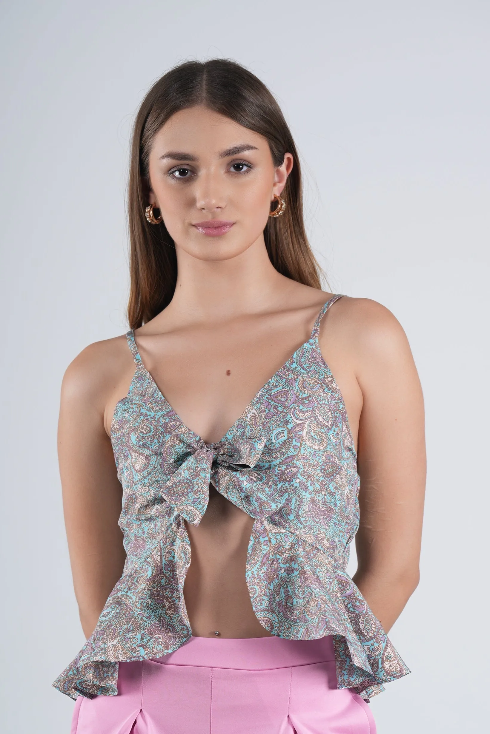 Printed Front Tie Detail Top With Strap