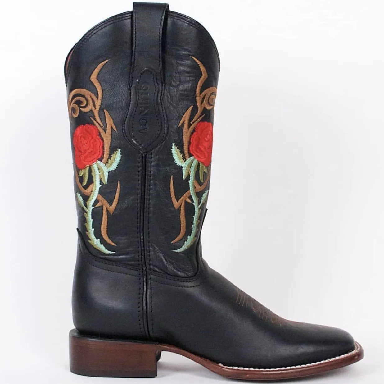 Quincy Womens Wide Square Toe Boot in Black w/ Roses