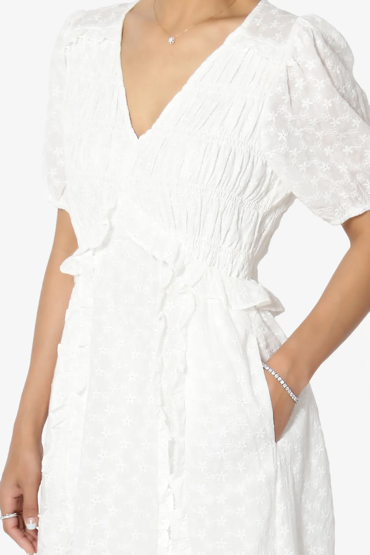 Rena Embroidered Eyelet Ruffle Midi Dress in White
