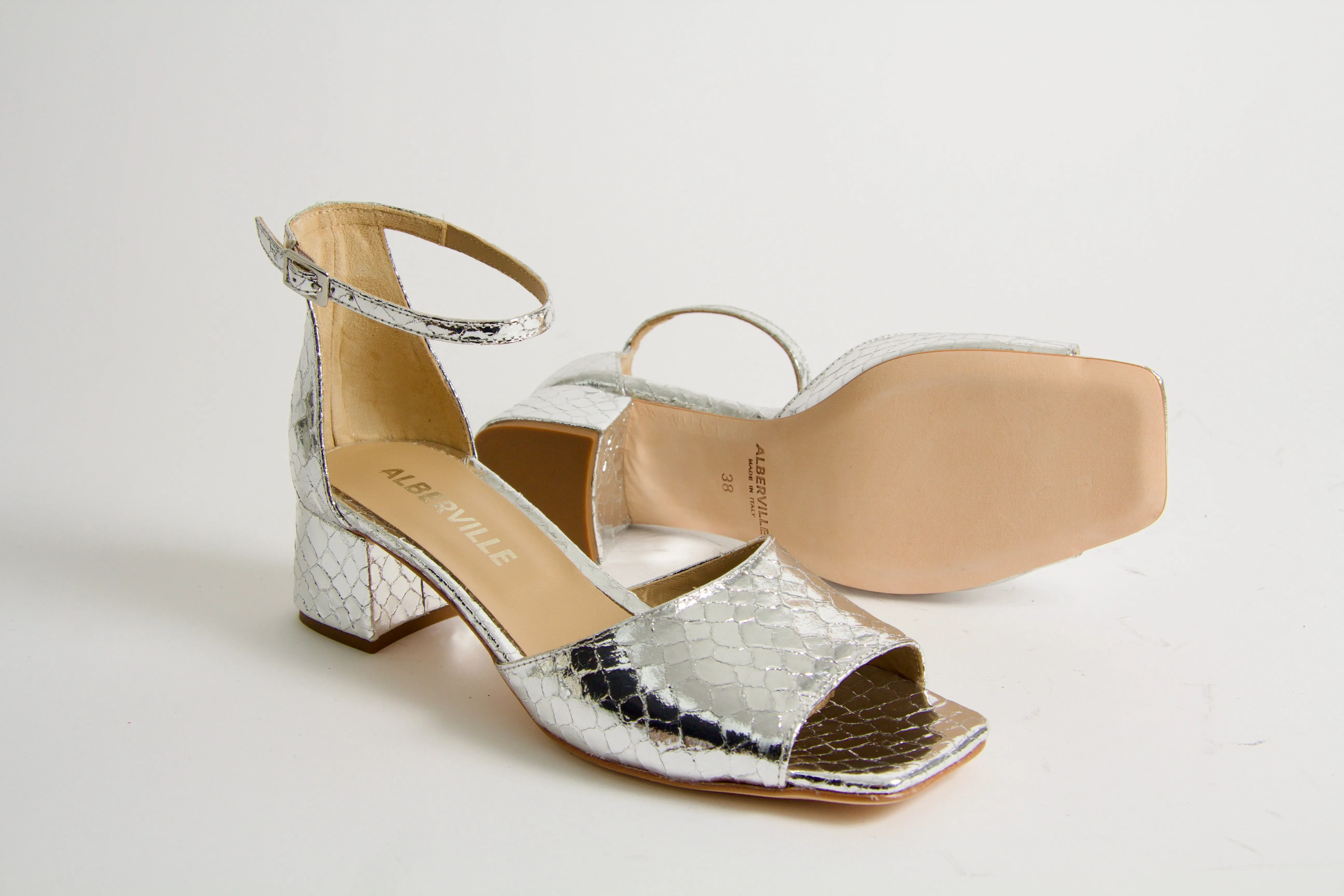Rosa Silver Snake Heeled Sandals
