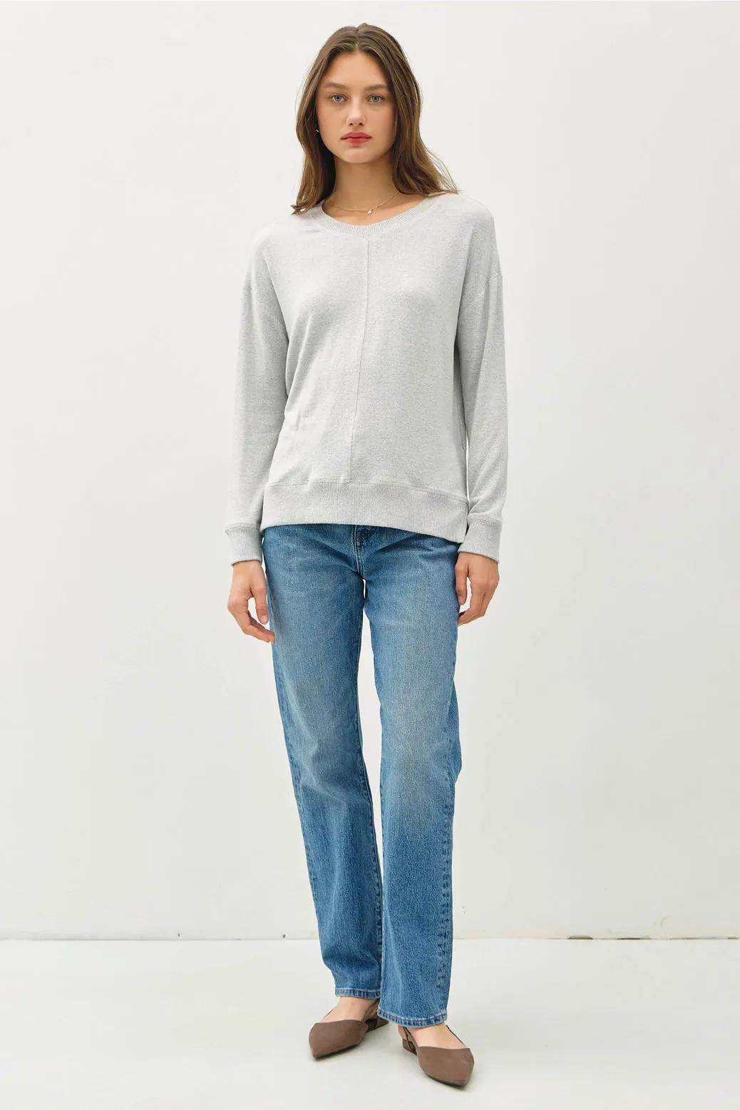 Round Neck Hacci Brush Pullover Knit Top Gray