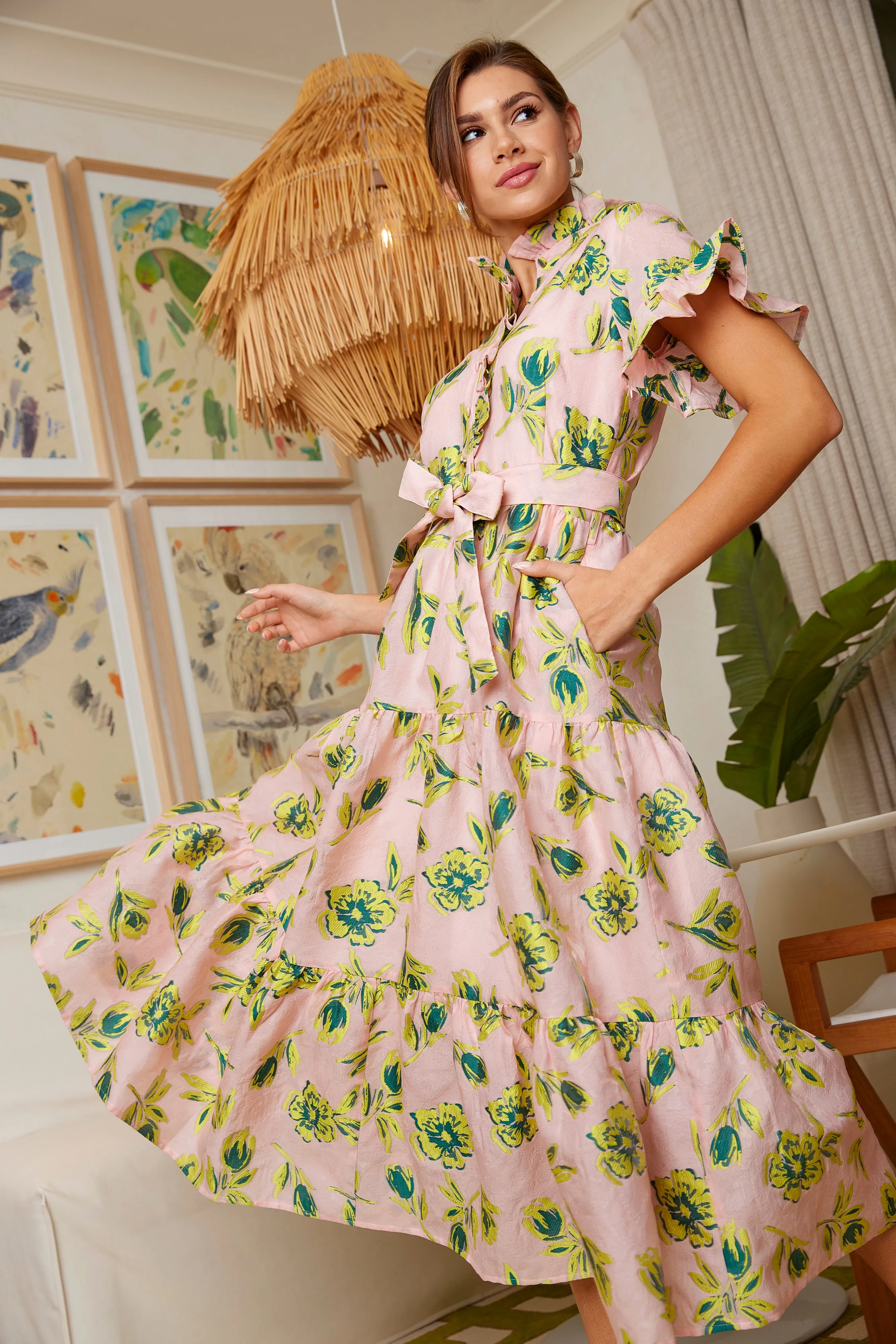 Sadie Maxi Dress Pink Tropical Tulip Jacquard