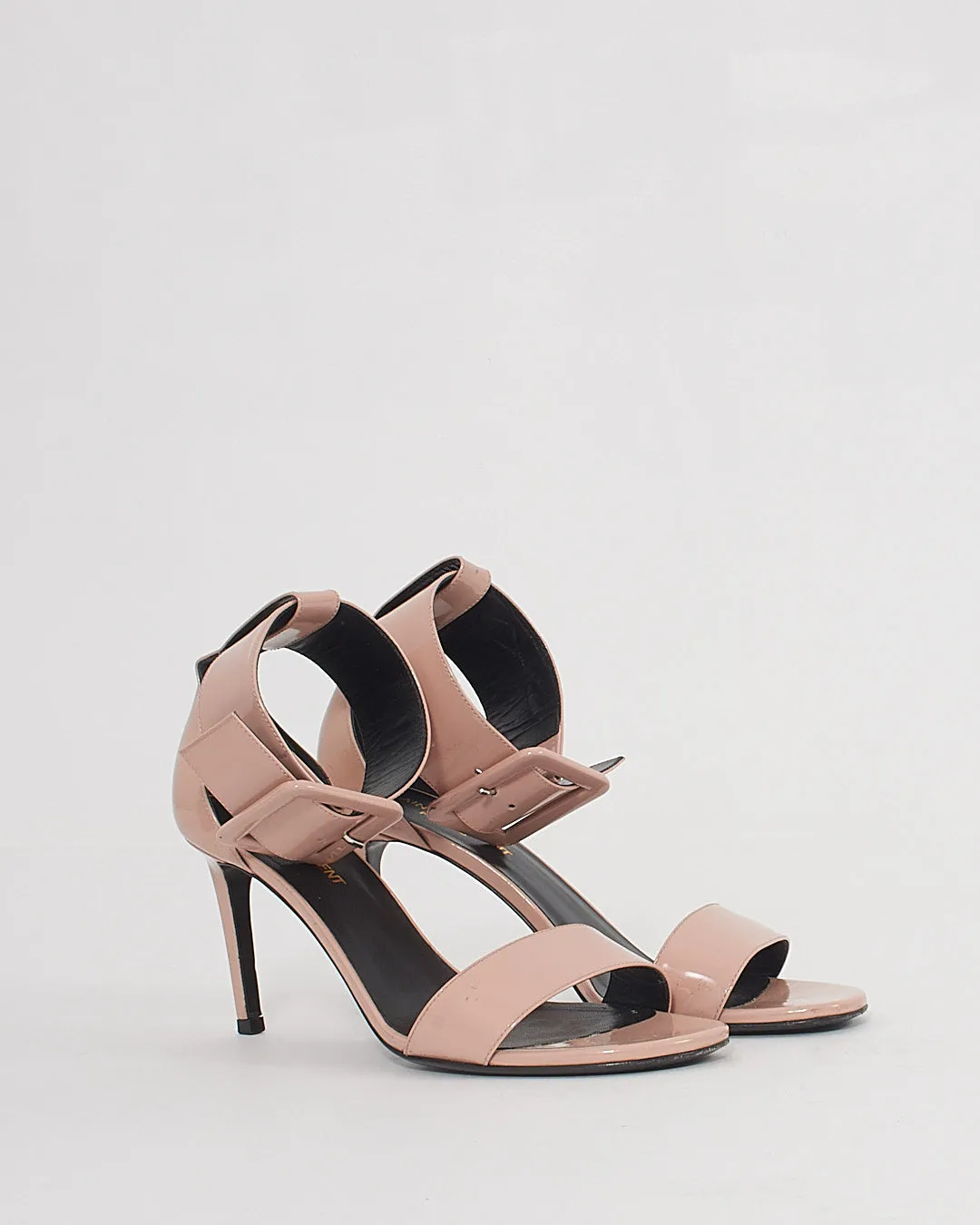 Saint Laurent Blush Pink Patent Leather Buckle Heeled Sandals - 38.5