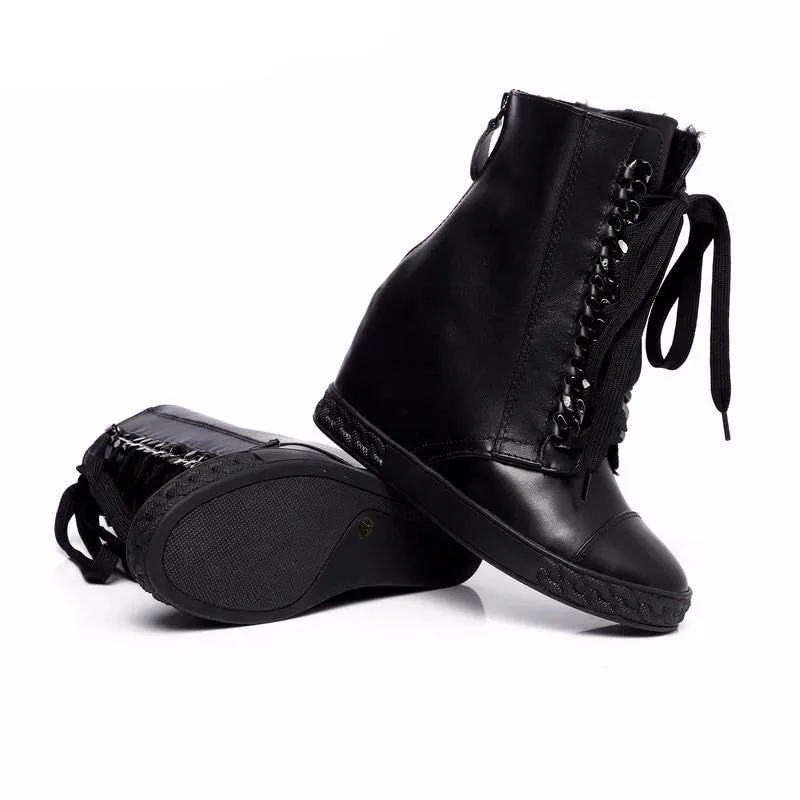 Silver chained lace up wedge ankle boots genuine leather winter boots for women