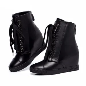 Silver chained lace up wedge ankle boots genuine leather winter boots for women