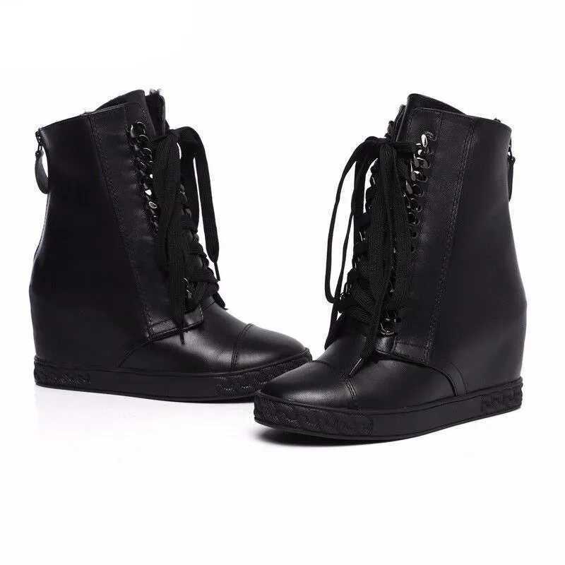 Silver chained lace up wedge ankle boots genuine leather winter boots for women