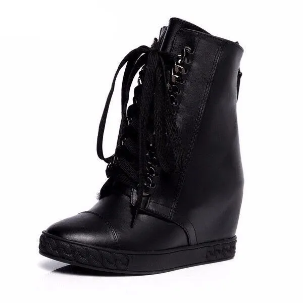 Silver chained lace up wedge ankle boots genuine leather winter boots for women