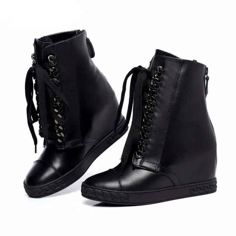 Silver chained lace up wedge ankle boots genuine leather winter boots for women