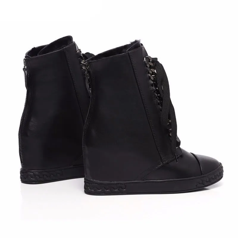 Silver chained lace up wedge ankle boots genuine leather winter boots for women