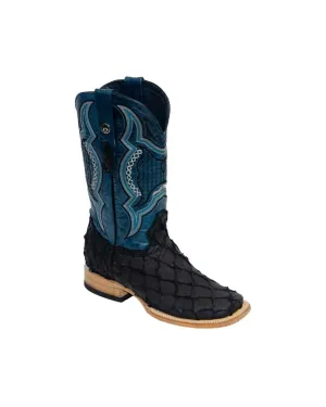 TANNER MARK MEN'S EXOTIC LEATHER Matte Monster Fish Black Cowboy Boots EE