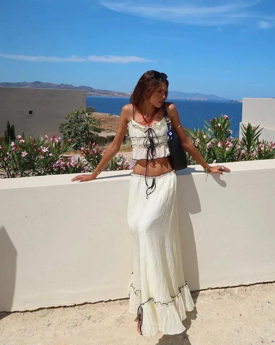 Two-Piece Set | Cotton Blend | Lace-Up Crop Top & Maxi Skirt