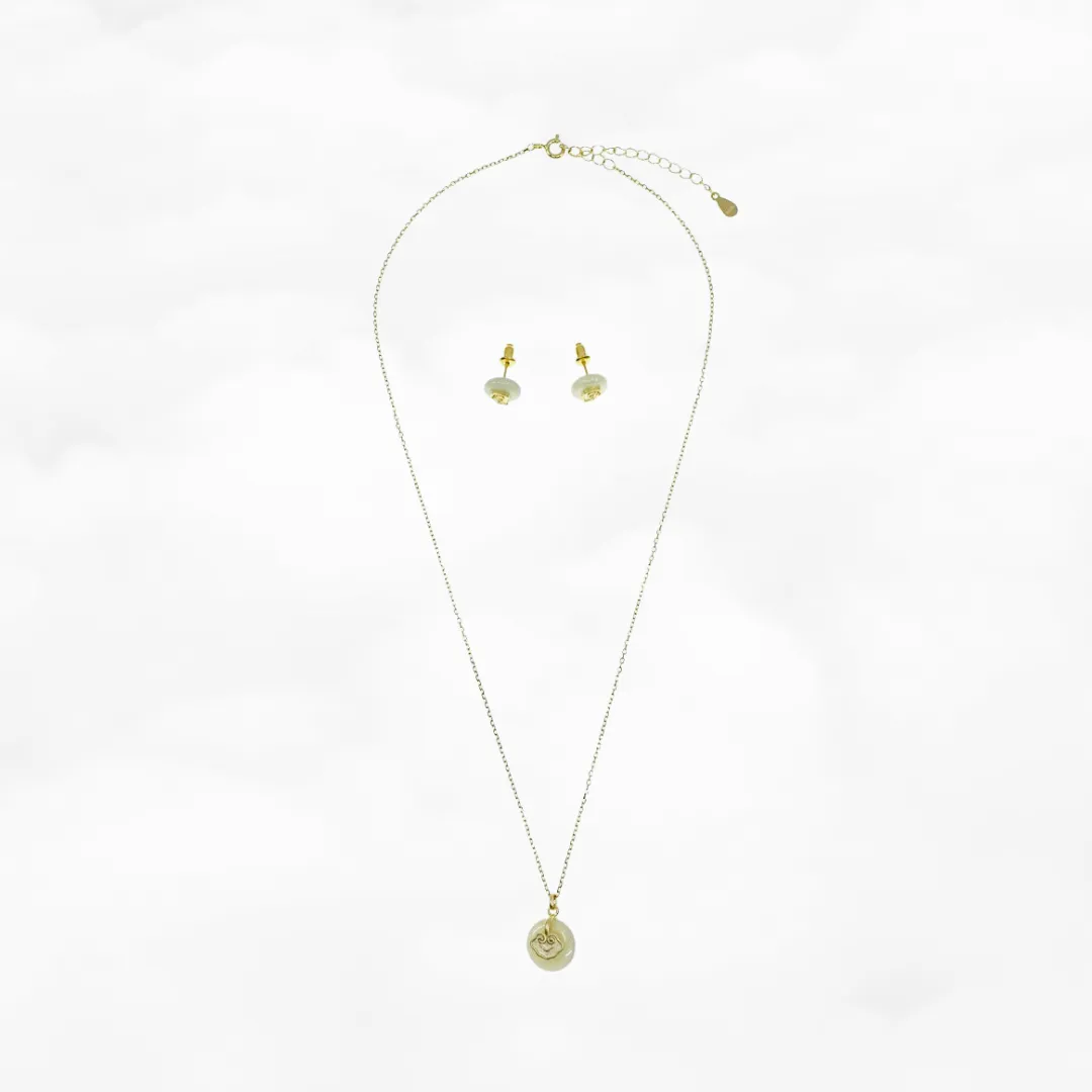 Vermeil Auspicious Clouds Nephrite Jade Necklace and Earrings Set