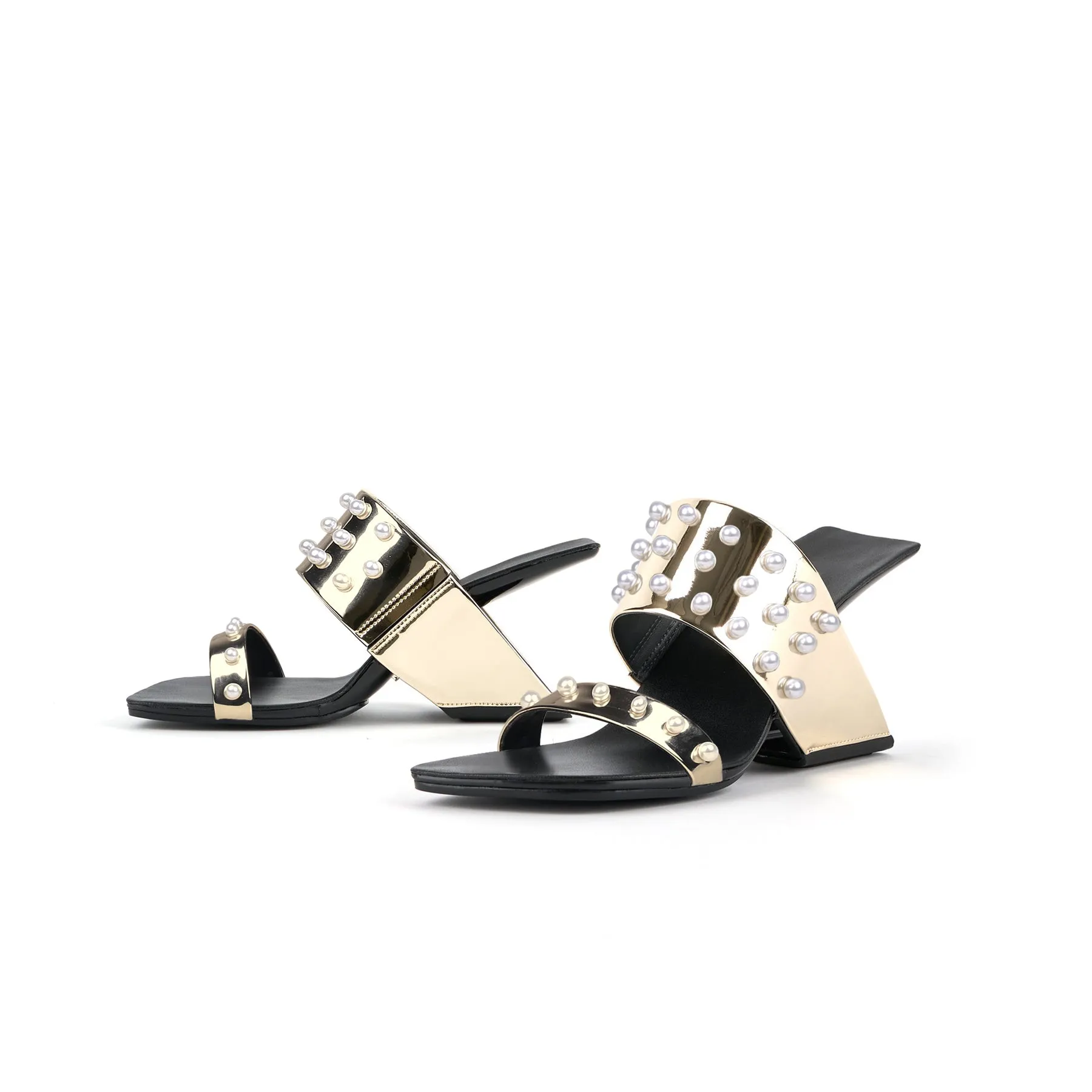 Viviane Pearl Inlay Leather Heeled Sandal - Gold