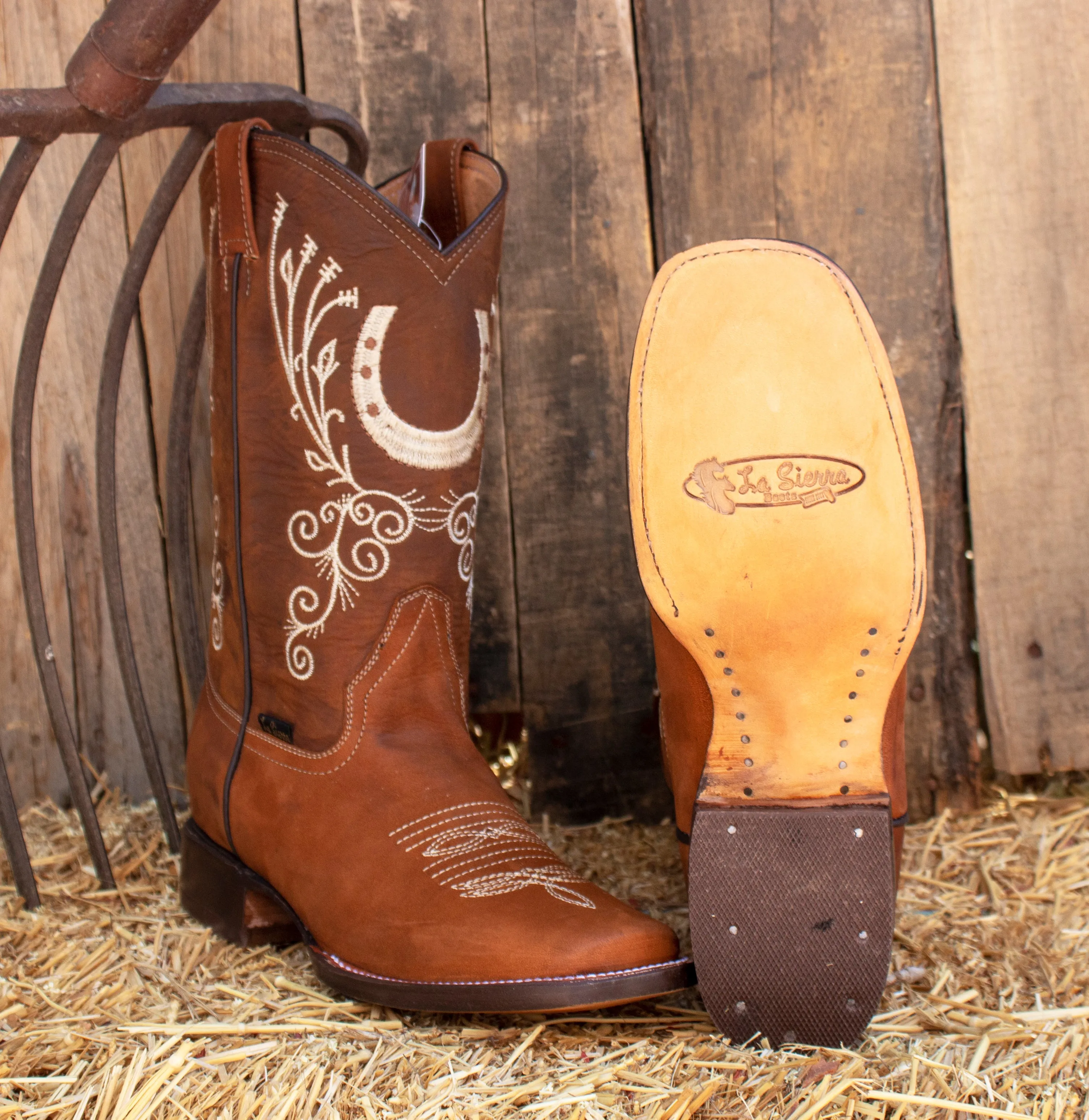 WOMENS LEATHER EMBROIDERED HORSESHOE SQUARE TOE RODEO COWGIRL BOOTS