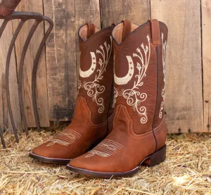 WOMENS LEATHER EMBROIDERED HORSESHOE SQUARE TOE RODEO COWGIRL BOOTS