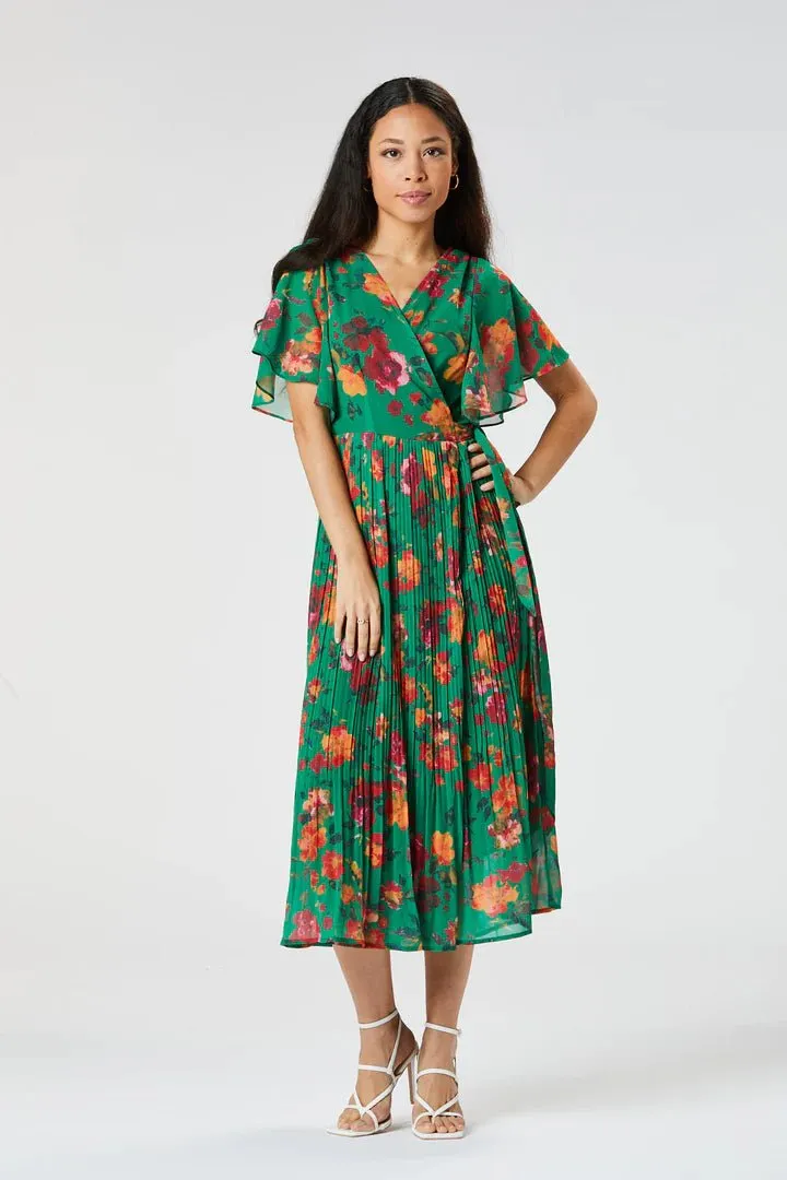 Zibi London Salma Green Floral Pleated Dress