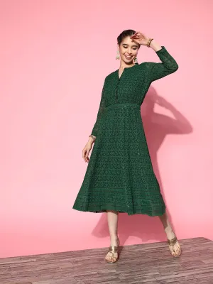 ZOLA  Mandarin Collar Georgette All Over Chikankari Embroidery Bottle Green Flared Dress For Women