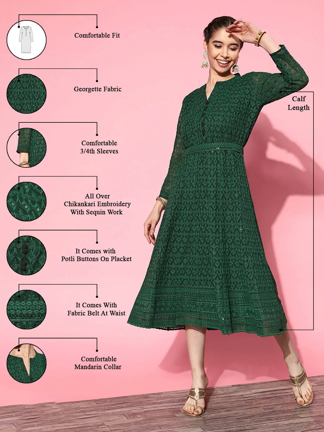 ZOLA  Mandarin Collar Georgette All Over Chikankari Embroidery Bottle Green Flared Dress For Women