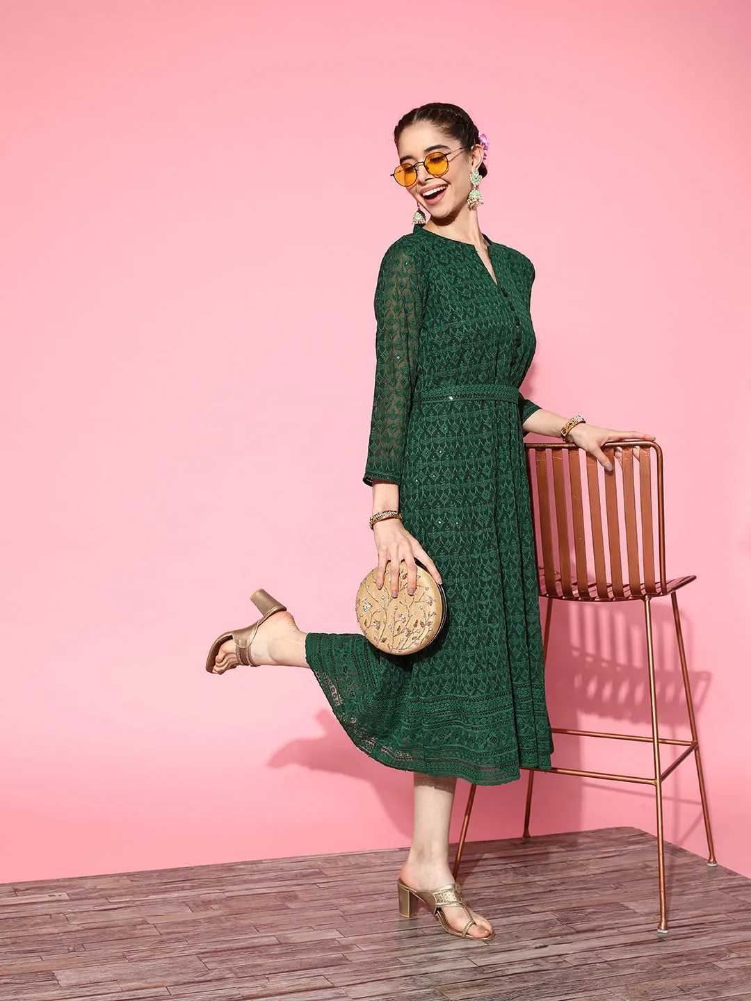 ZOLA  Mandarin Collar Georgette All Over Chikankari Embroidery Bottle Green Flared Dress For Women