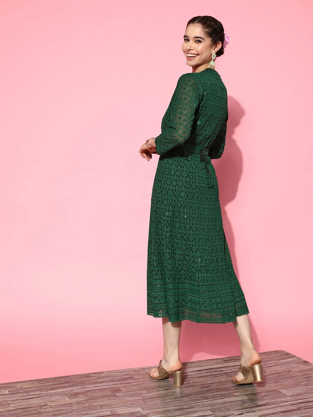 ZOLA  Mandarin Collar Georgette All Over Chikankari Embroidery Bottle Green Flared Dress For Women