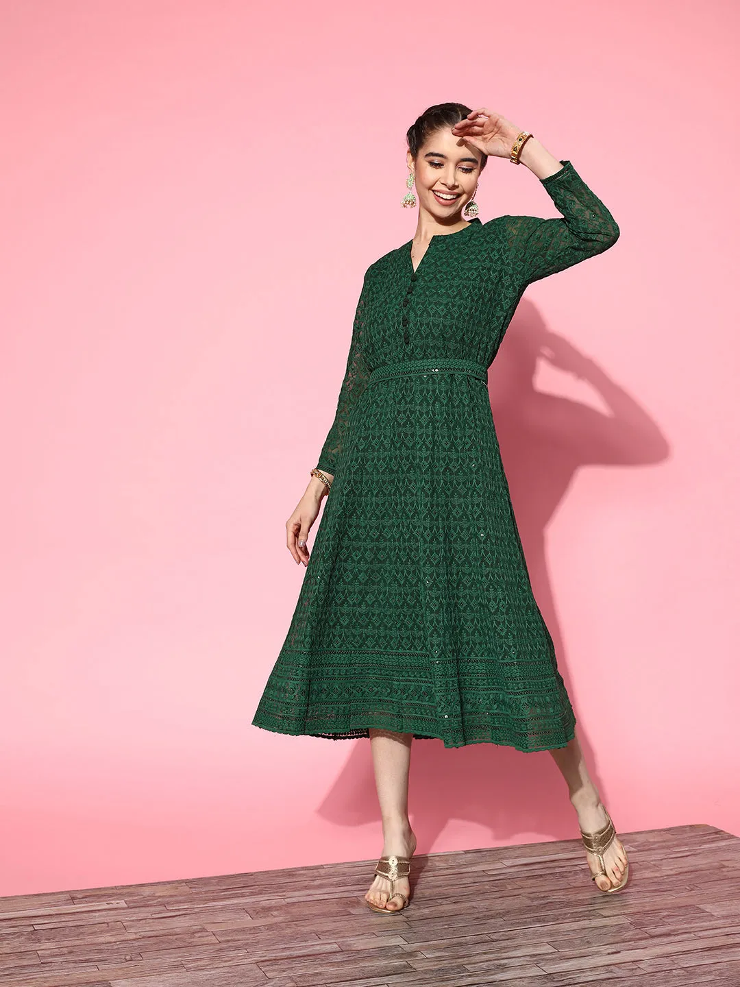 ZOLA  Mandarin Collar Georgette All Over Chikankari Embroidery Bottle Green Flared Dress For Women