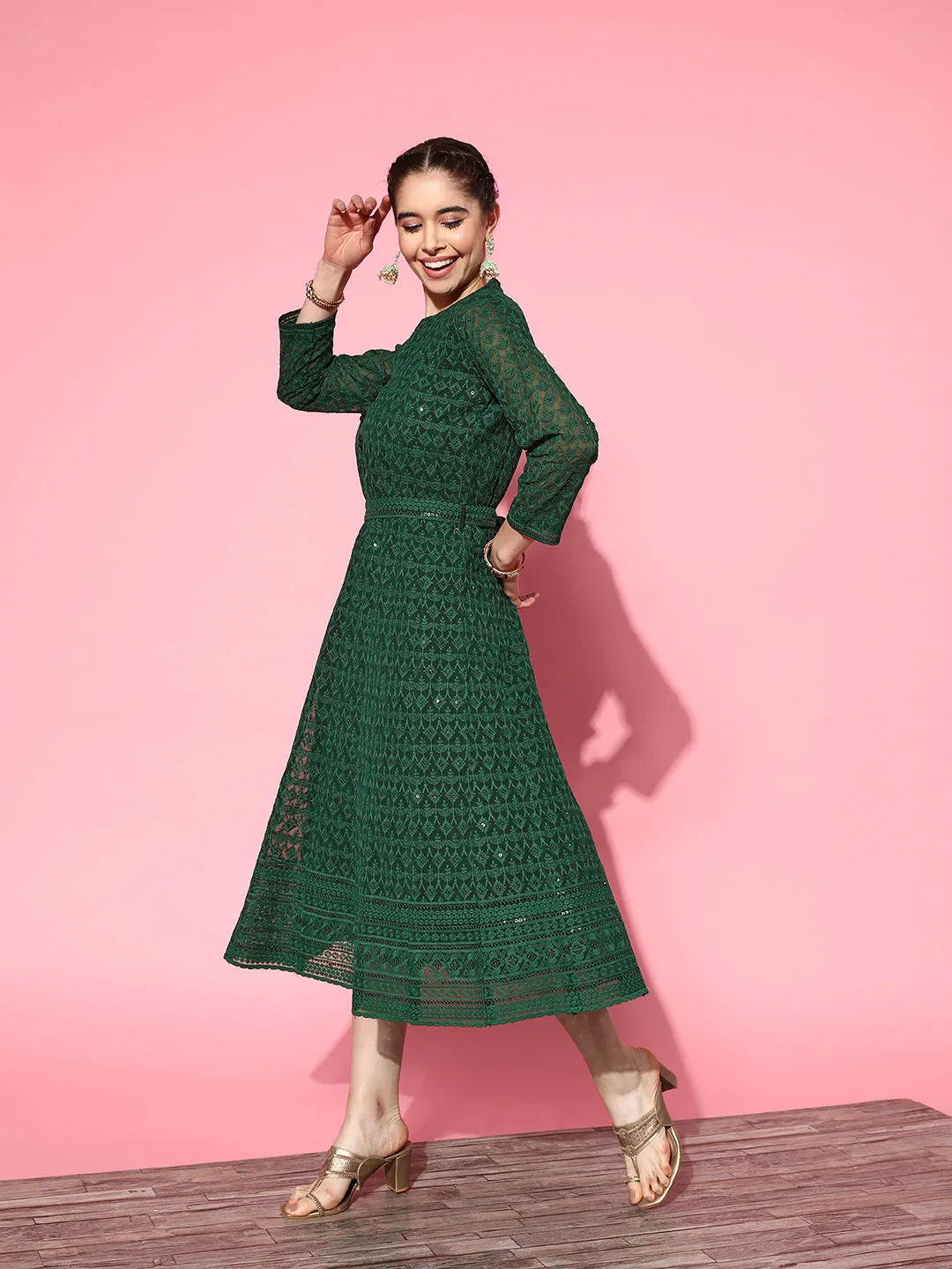 ZOLA  Mandarin Collar Georgette All Over Chikankari Embroidery Bottle Green Flared Dress For Women