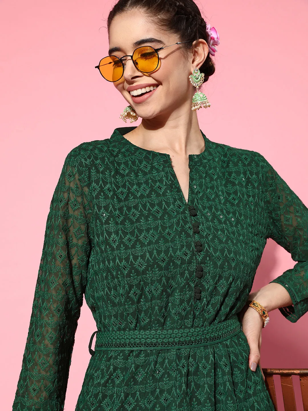 ZOLA  Mandarin Collar Georgette All Over Chikankari Embroidery Bottle Green Flared Dress For Women