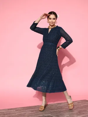 ZOLA Mandarin Collar Georgette All Over Chikankari Embroidery Navy Blue Flared Dress For Women