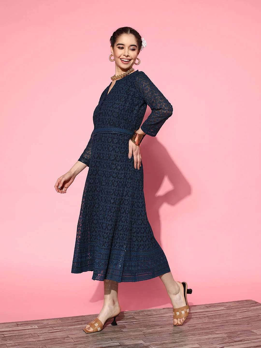 ZOLA Mandarin Collar Georgette All Over Chikankari Embroidery Navy Blue Flared Dress For Women
