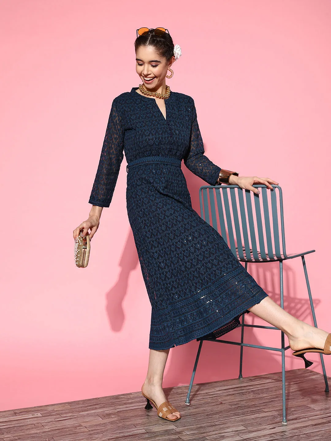 ZOLA Mandarin Collar Georgette All Over Chikankari Embroidery Navy Blue Flared Dress For Women
