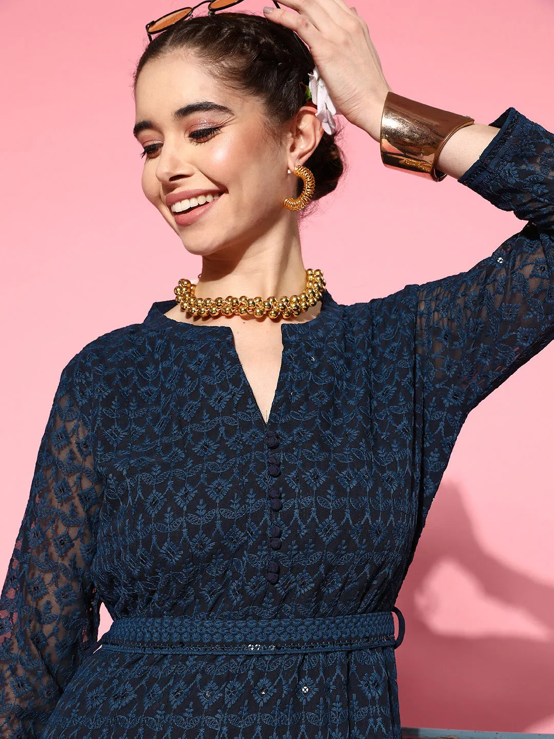 ZOLA Mandarin Collar Georgette All Over Chikankari Embroidery Navy Blue Flared Dress For Women