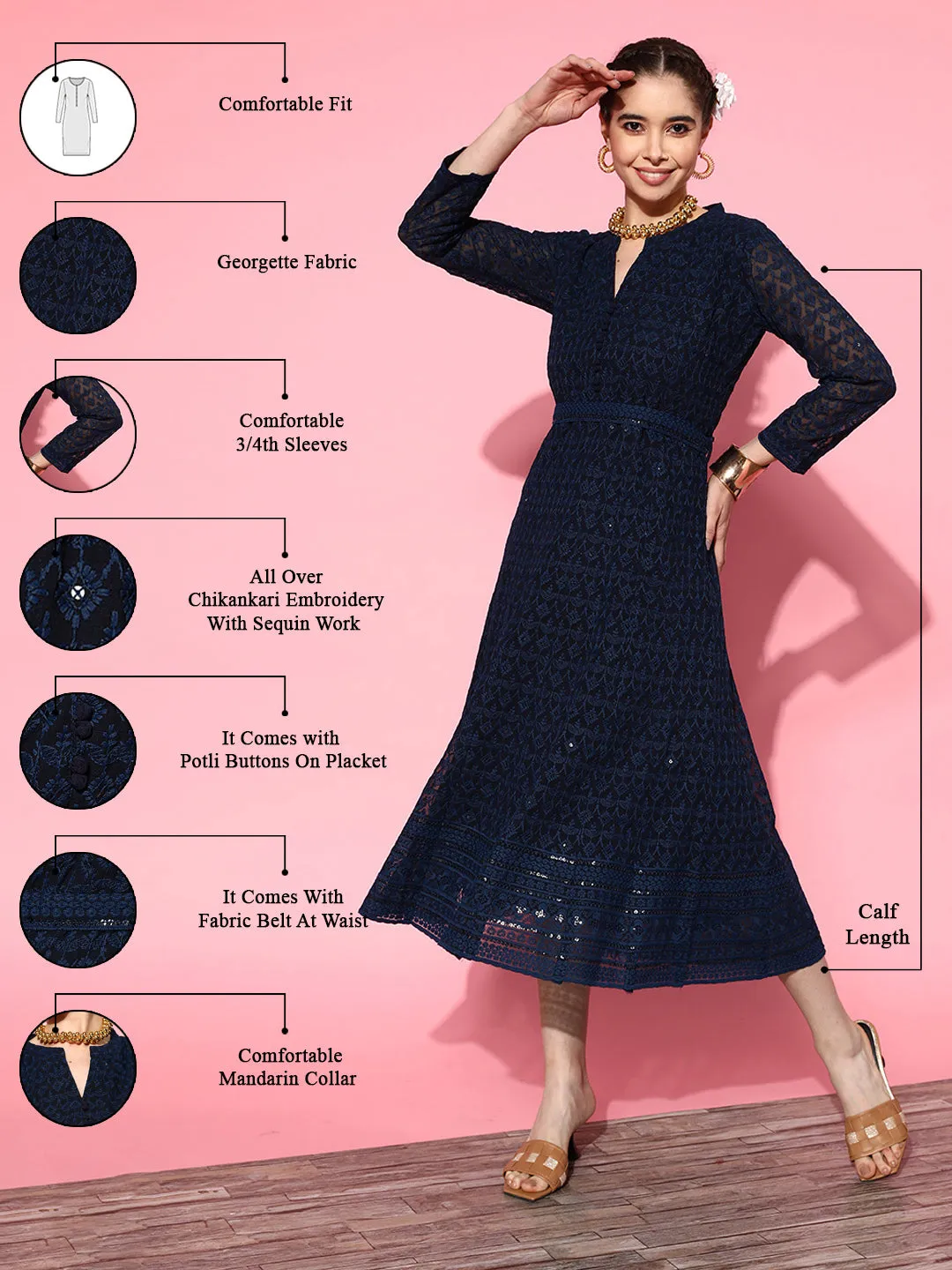 ZOLA Mandarin Collar Georgette All Over Chikankari Embroidery Navy Blue Flared Dress For Women