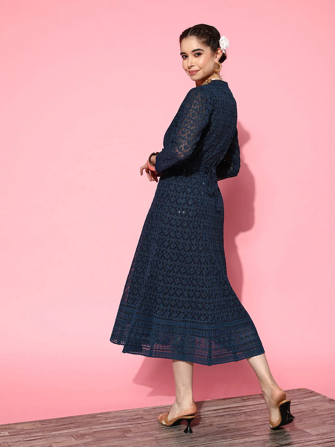 ZOLA Mandarin Collar Georgette All Over Chikankari Embroidery Navy Blue Flared Dress For Women