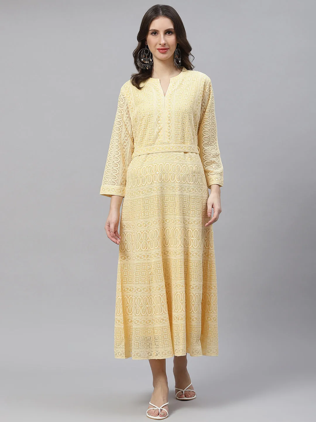 ZOLA  Mandarin Collar Georgette All Over Chikankari Embroidery Yellow Flared Dress For Women