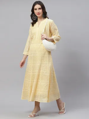 ZOLA  Mandarin Collar Georgette All Over Chikankari Embroidery Yellow Flared Dress For Women